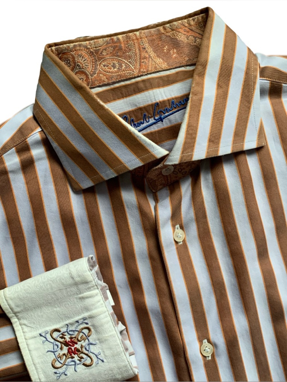 Robert Graham Striped Paisley Flip Cuff Button Up Dress Shirt Size Large